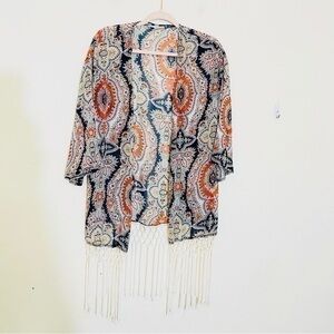 And’ore Vogue Boho Floral Print Fringe Hem Kimono Orange/White